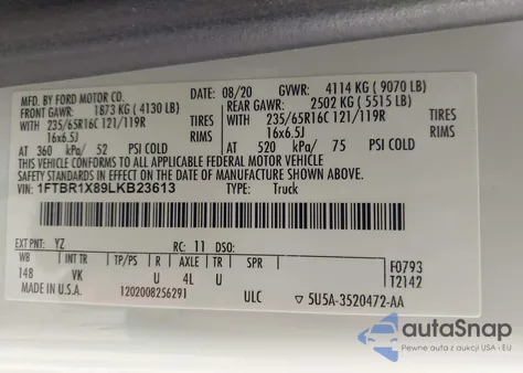 2020 Ford Transit-250 z USA, uszkodzony, nr VIN 1FTBR1X89LKB23613